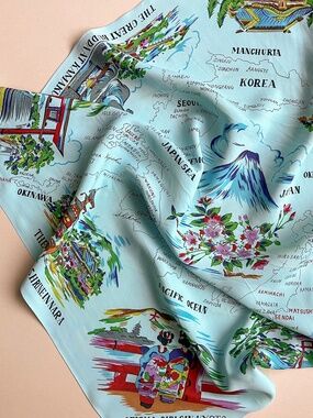 Vintage 1950s Turquoise Japanese Souvenir Silk Scarf